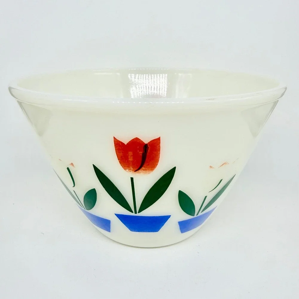 Fire-King Tulip Milk Glass Mixing Bowl Red Blue Vintage Kitchenware GOOD